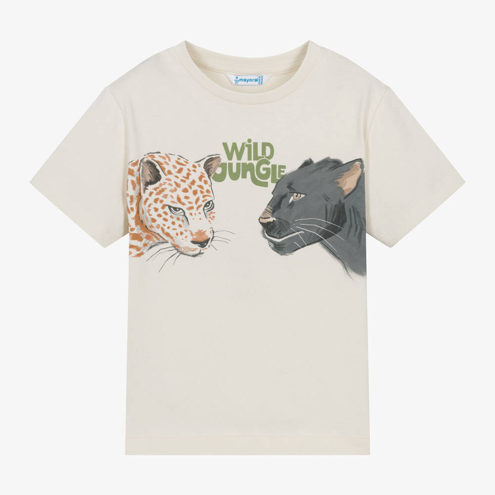 Mayoral - Boys Ivory Cotton Wild Cat Print T-Shirt | Childrensalon