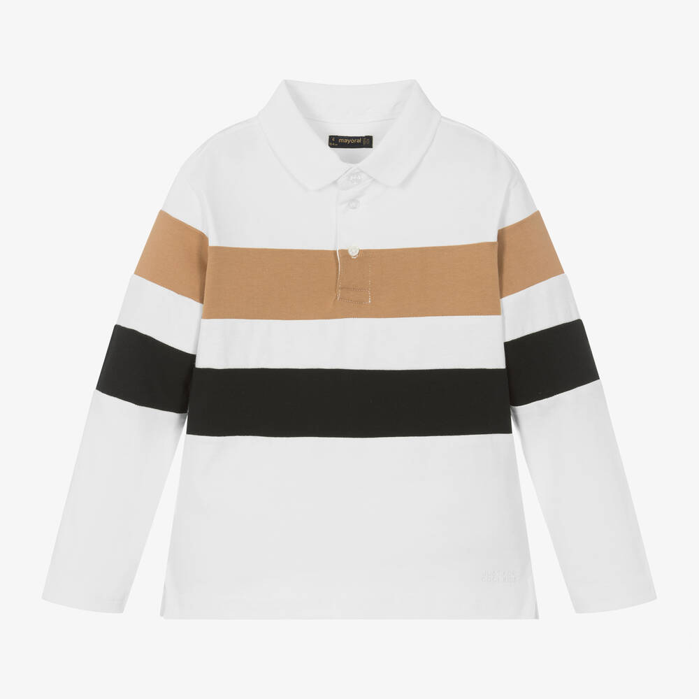 Mayoral - Boys Ivory Stripe Cotton Polo Shirt | Childrensalon