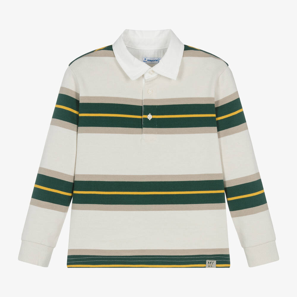 Mayoral - Boys Ivory Striped Cotton Polo Shirt | Childrensalon