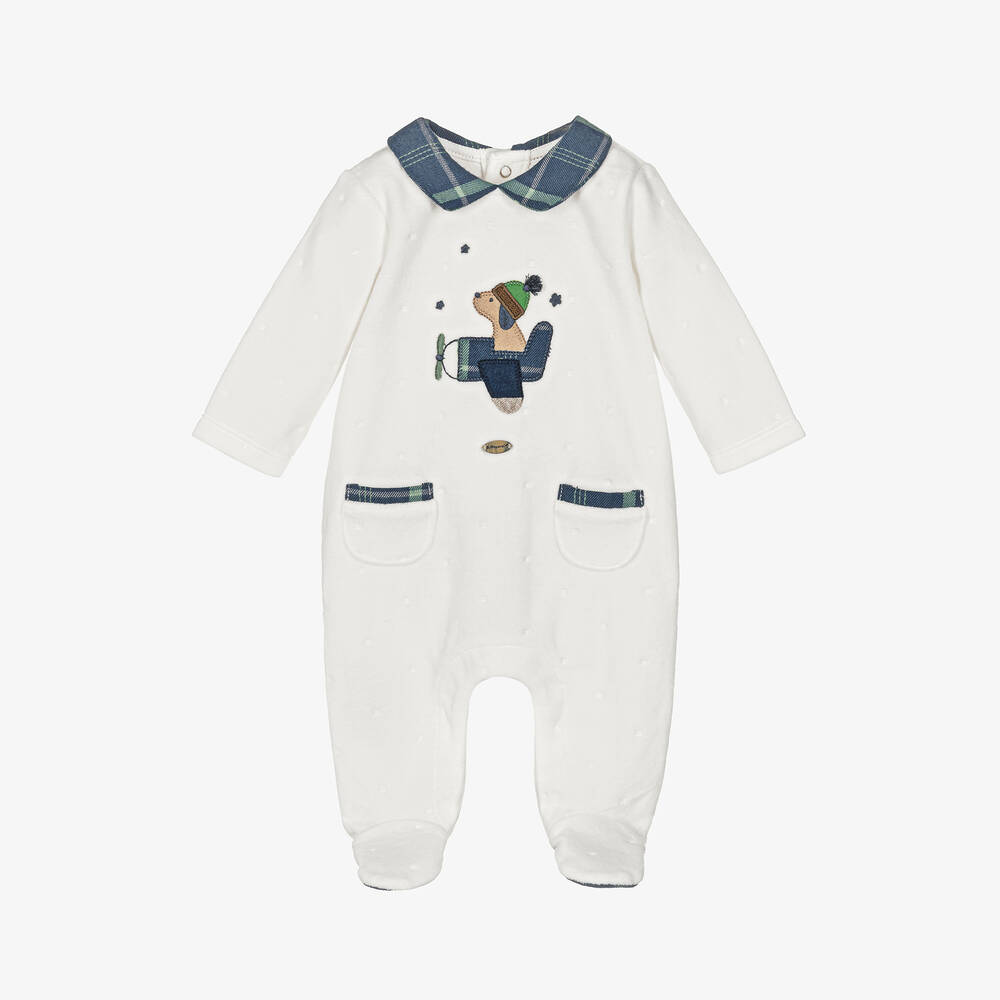 Mayoral Newborn - Boys Ivory Velour Babygrow | Childrensalon