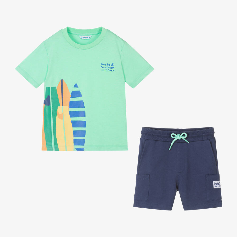 Mayoral - Boys Mint Green & Blue Cotton Shorts Set | Childrensalon