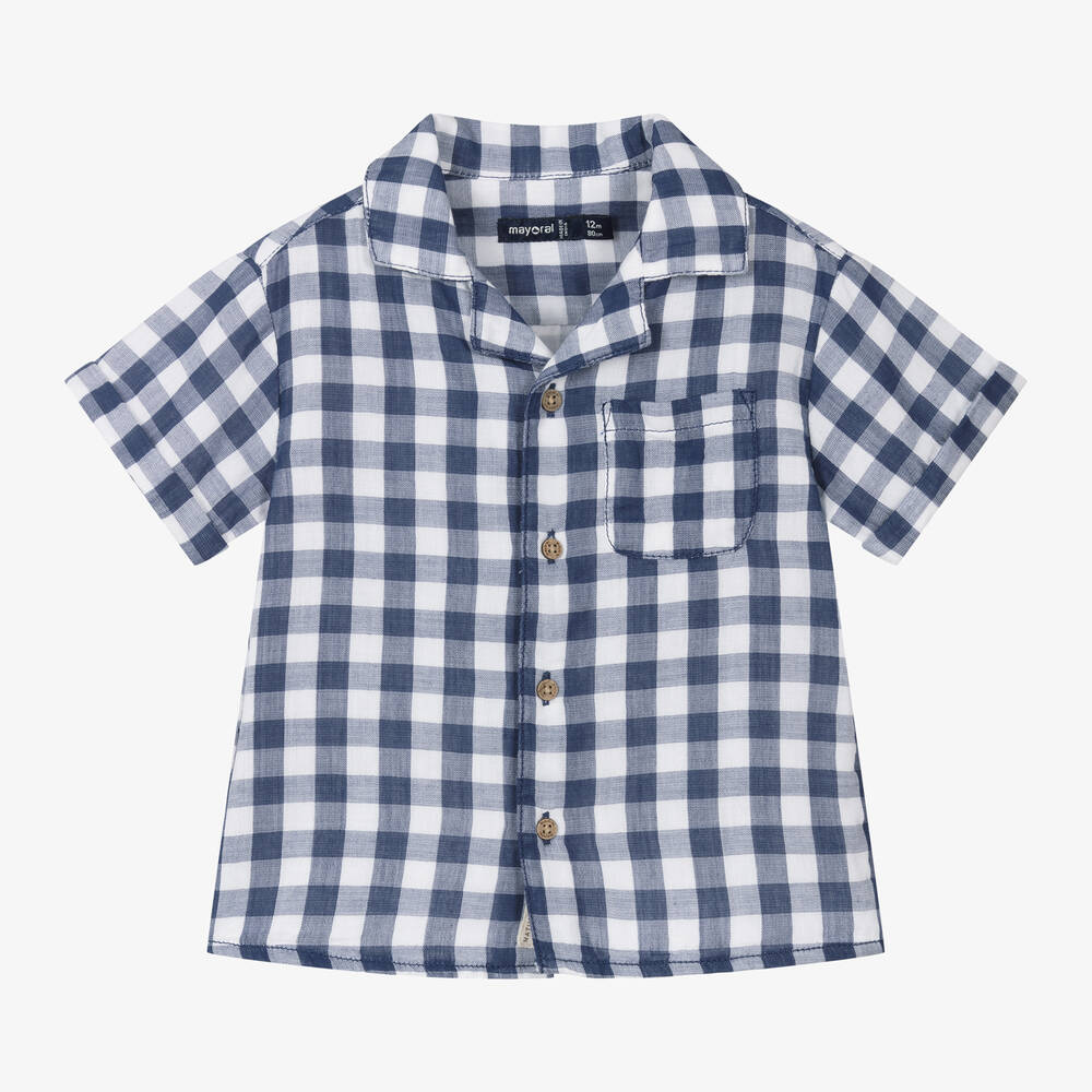 Mayoral - Boys Navy Blue Check Cotton Shirt | Childrensalon
