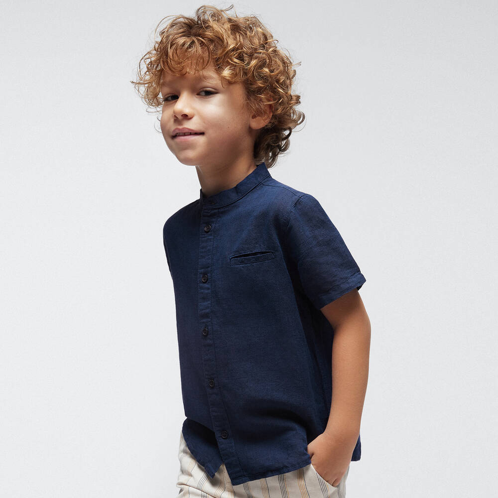 Mayoral - Boys Navy Blue Cotton & Linen Shirt | Childrensalon