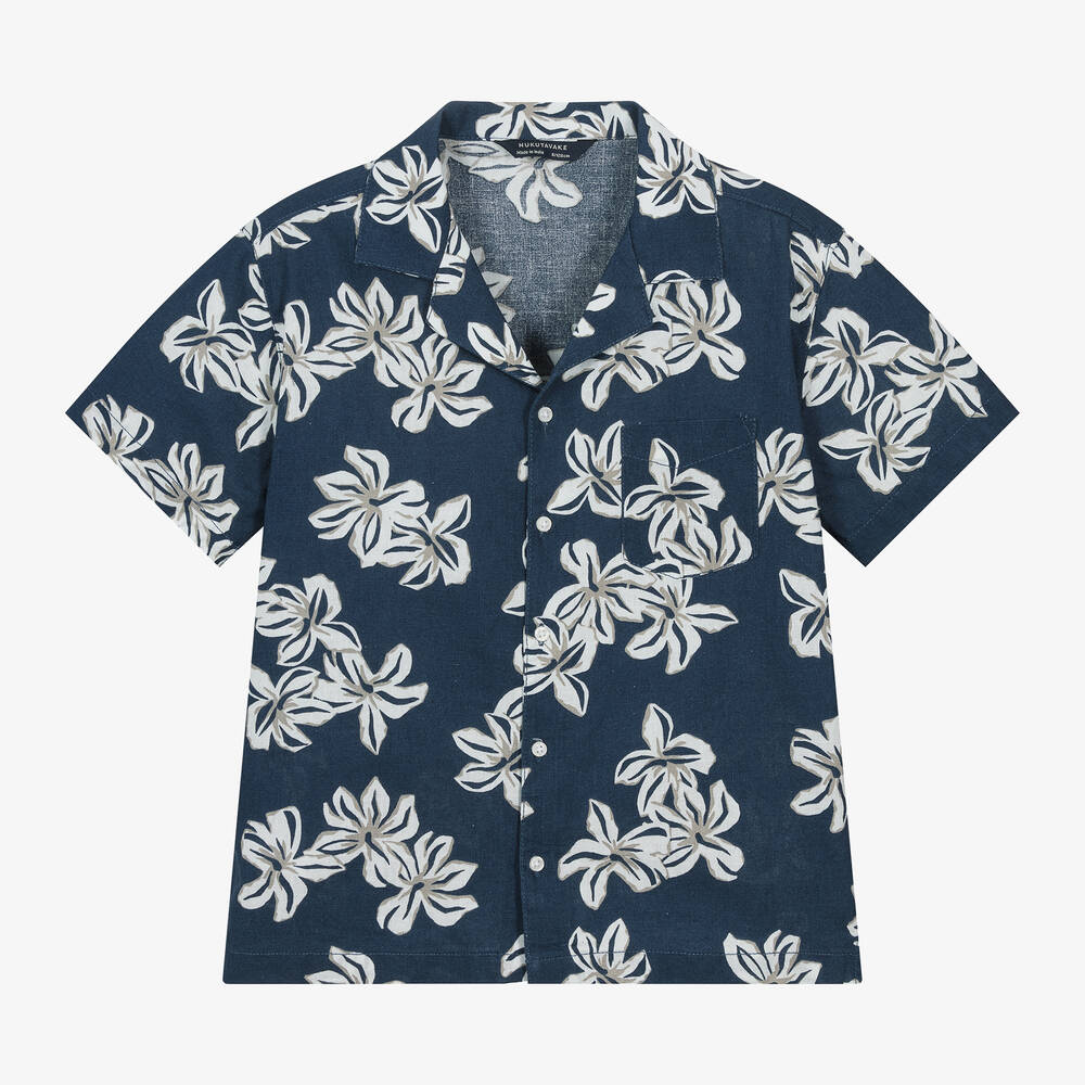 Mayoral Nukutavake - Boys Navy Blue Floral Cotton & Linen Shirt | Childrensalon