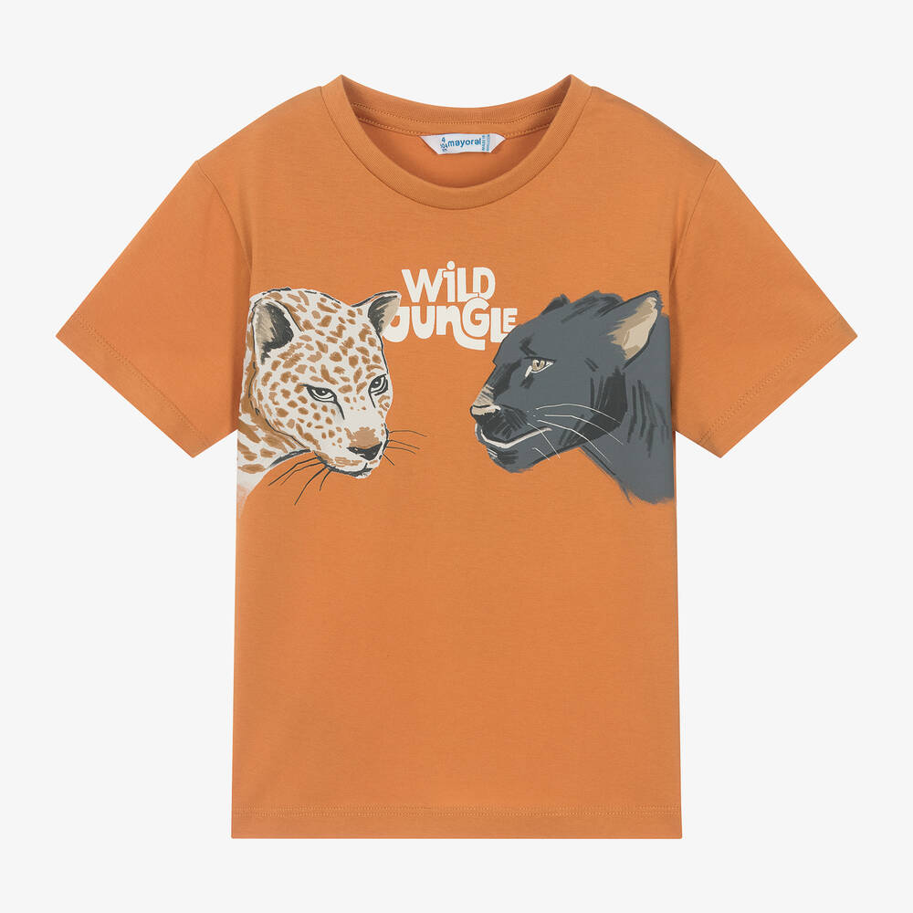 Mayoral - Boys Orange Cotton Wild Cat Print T-Shirt | Childrensalon
