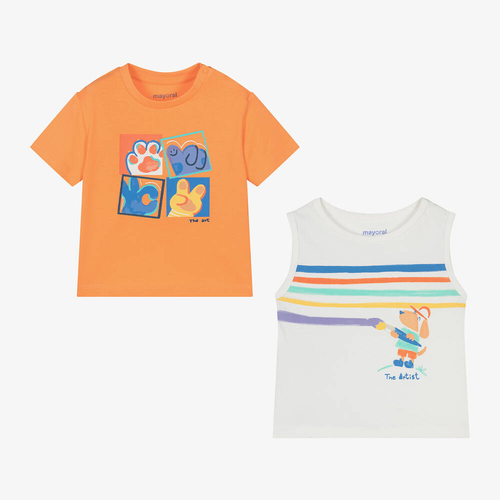 Mayoral - تيشيرت قطن لون برتقالي وعاجي للأولاد (عدد 2) | Childrensalon
