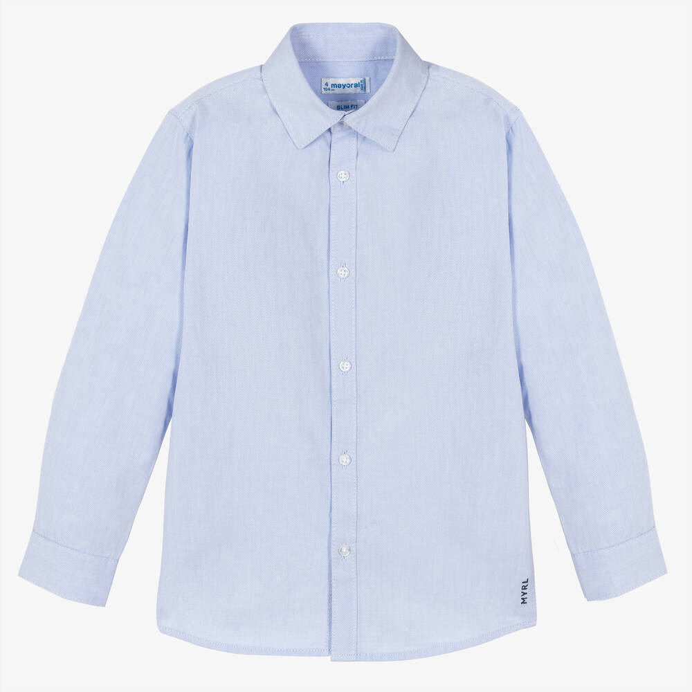 Mayoral - قميص قطن تويل لون أزرق باهت للأولاد | Childrensalon