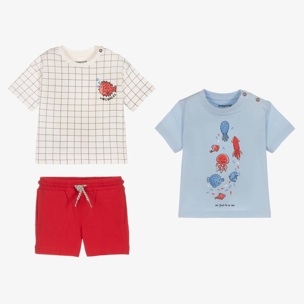 Mayoral - Красно-голубой комплект с шортами из хлопка  | Childrensalon