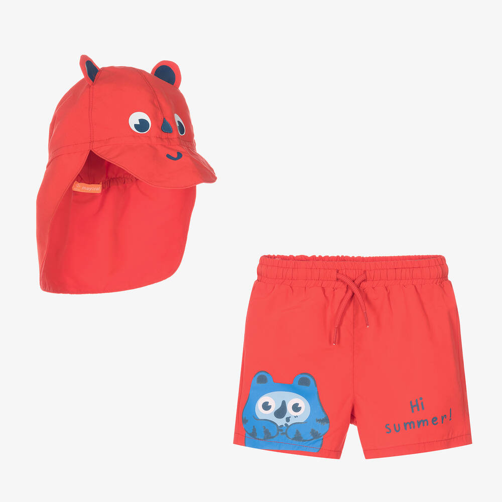 Mayoral - Boys Red Monster Print Swim Shorts | Childrensalon