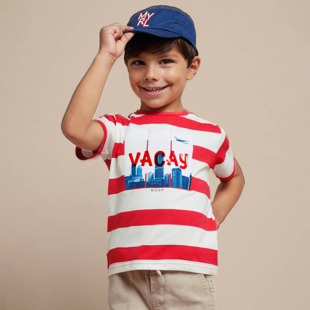 Mayoral - Boys Red Striped Cotton Vacay T-Shirt | Childrensalon