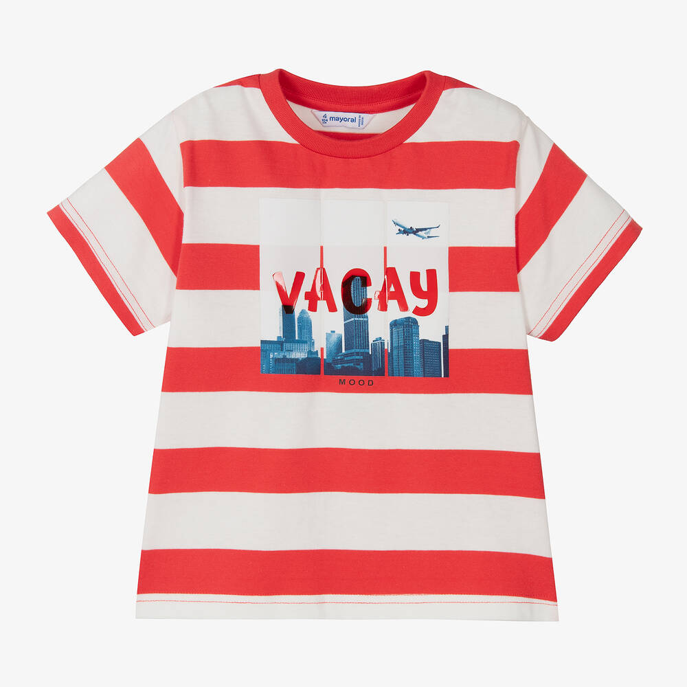 Mayoral - Boys Red Striped Cotton Vacay T-Shirt | Childrensalon