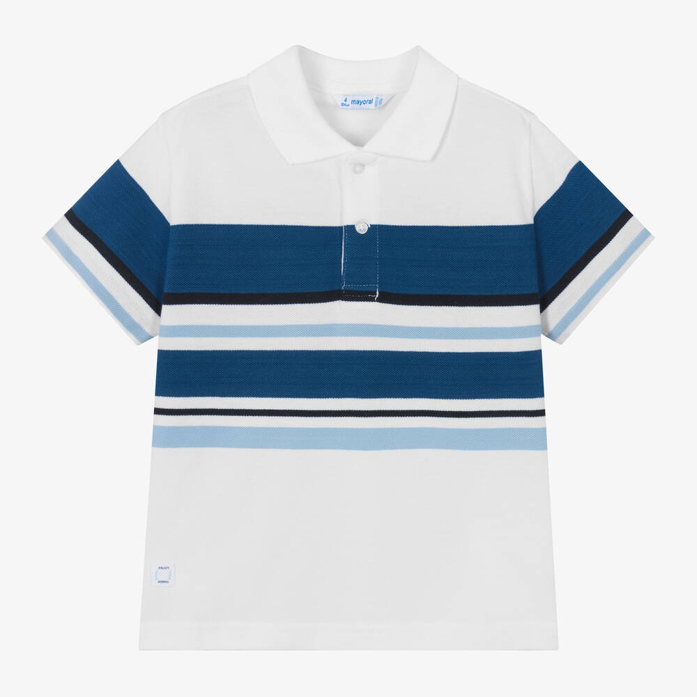 Mayoral - Boys White & Blue Cotton Polo Shirt | Childrensalon