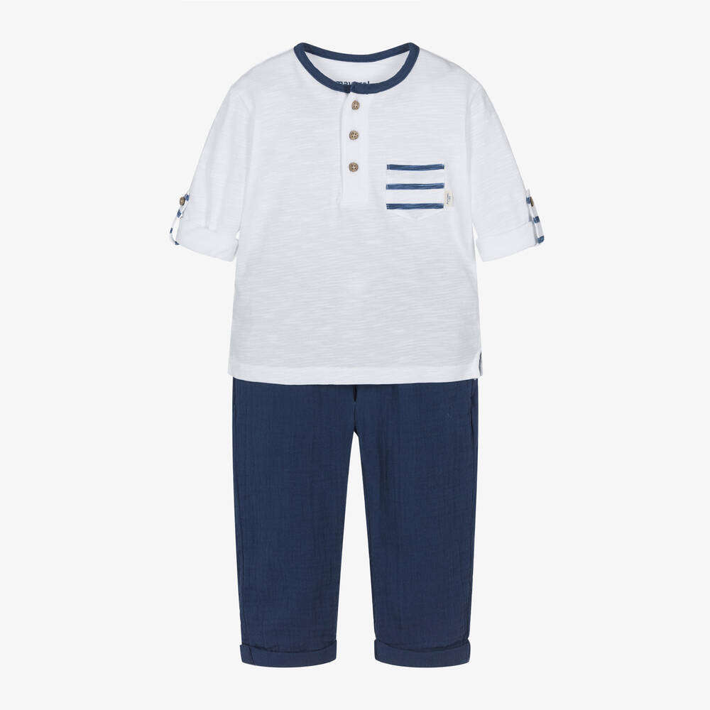 Mayoral - Boys White & Blue Cotton Trouser Set | Childrensalon