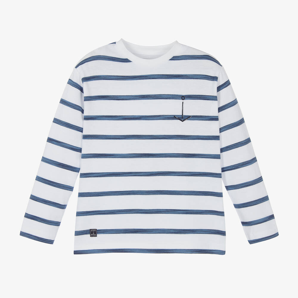 Mayoral - Boys White & Blue Stripe Cotton T-Shirt | Childrensalon