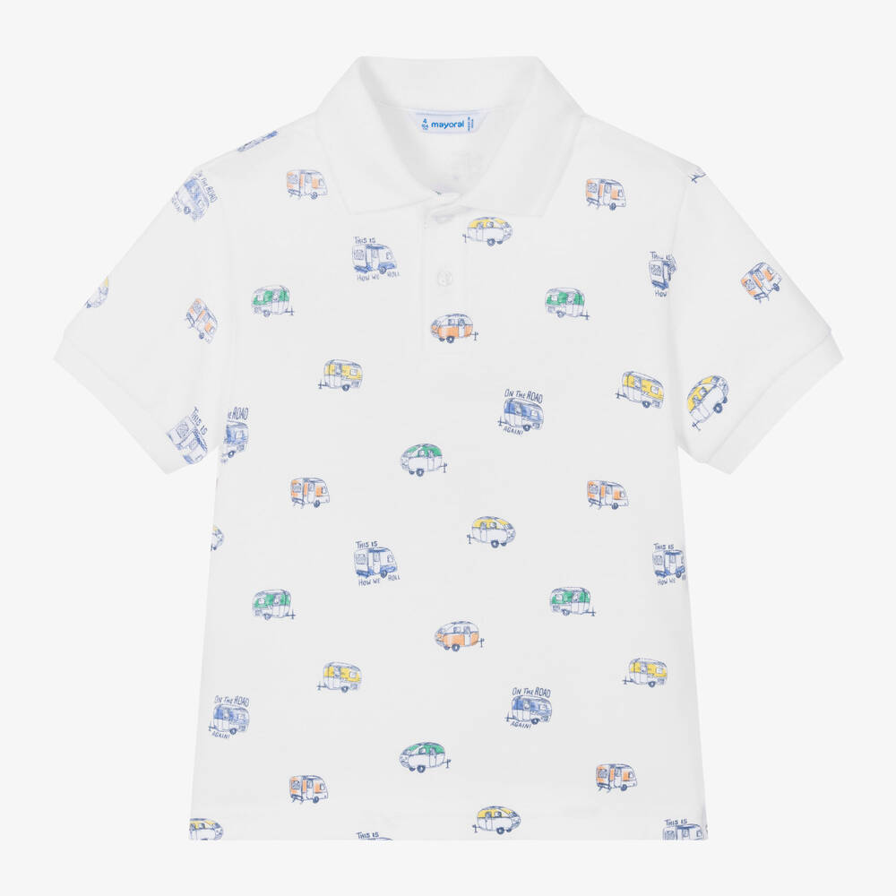 Mayoral - Boys White Caravan Print Cotton Polo Shirt | Childrensalon