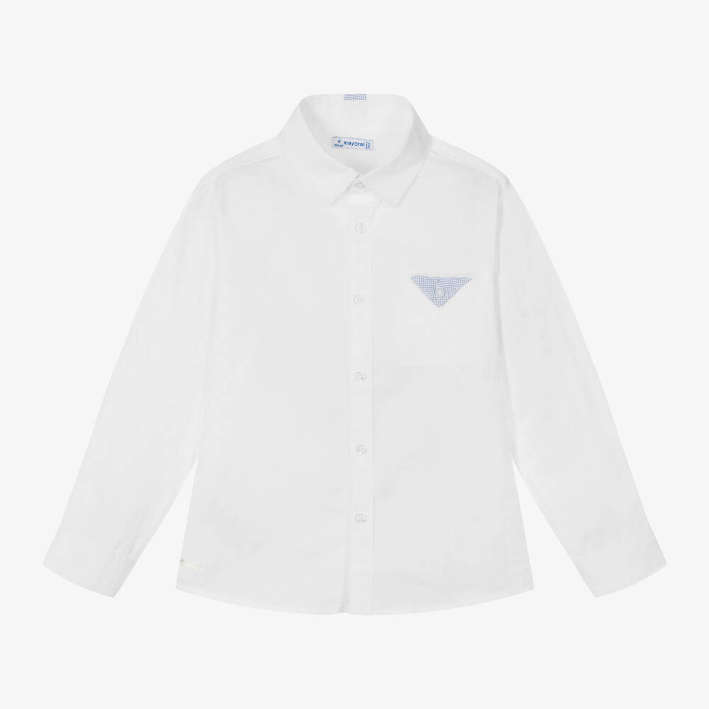 Mayoral - قميص قطن وكتان لون أبيض للأولاد | Childrensalon