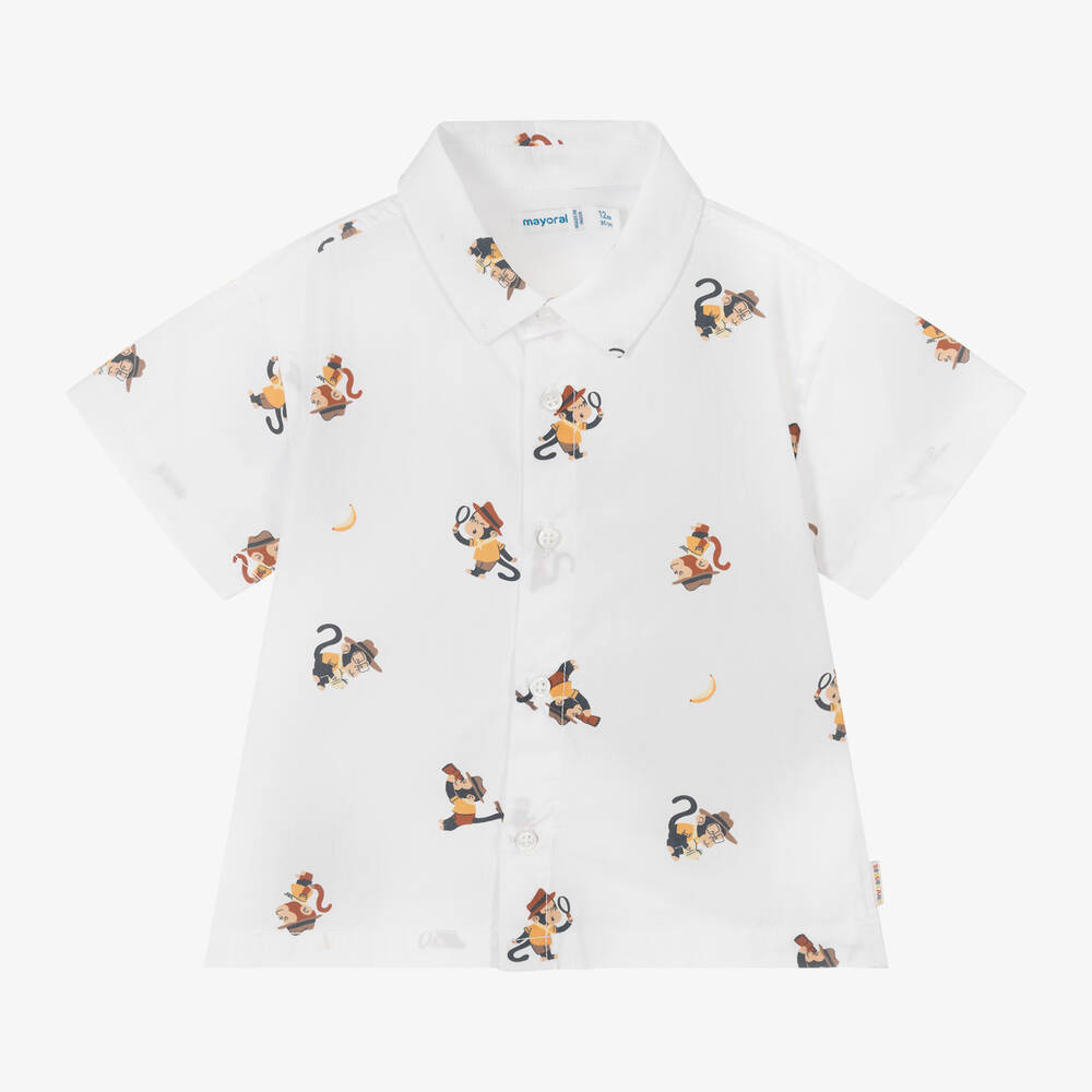 Mayoral - Boys White Cotton Monkey Shirt | Childrensalon