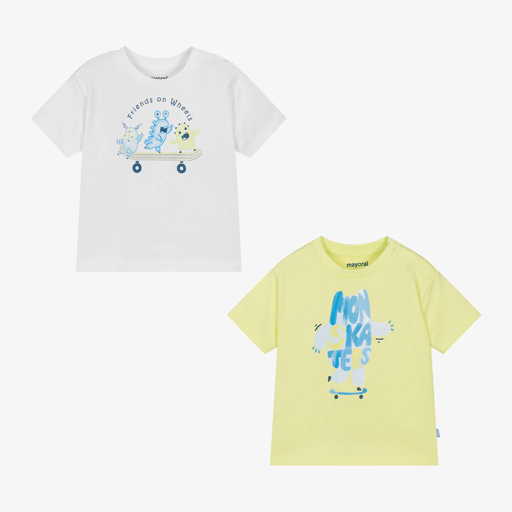 Mayoral - Boys White & Green Cotton T-Shirts (2 Pack) | Childrensalon