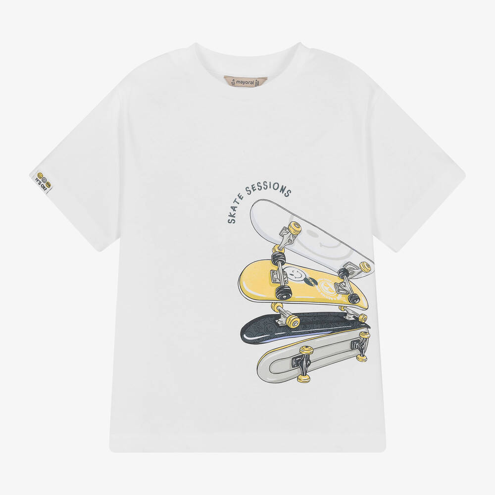 Mayoral - Boys White Skateboard Graphic T-Shirt | Childrensalon