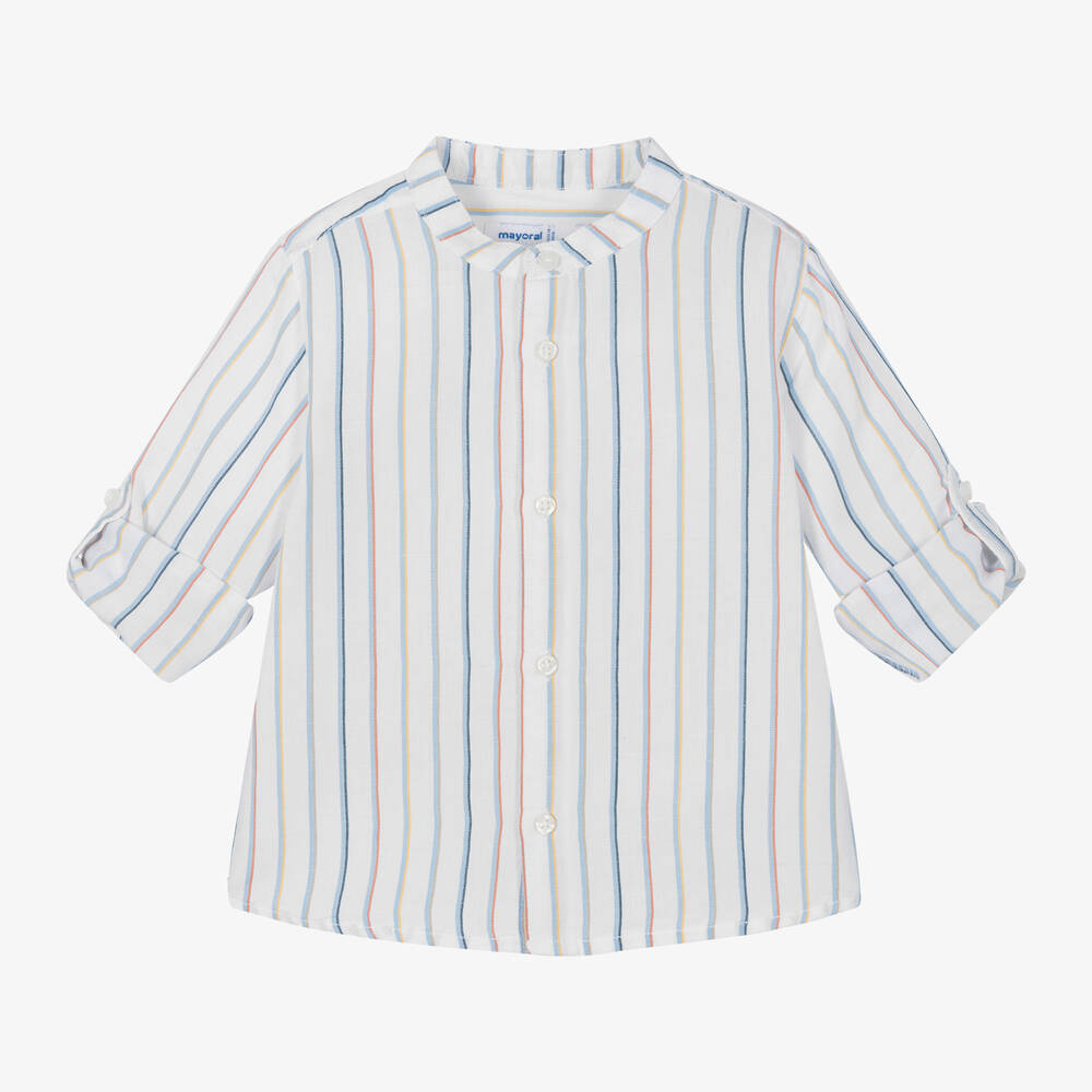 Mayoral - Boys White Striped Cotton & Linen Shirt | Childrensalon
