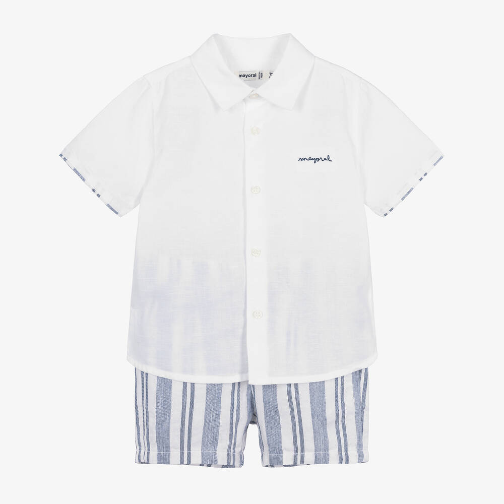 Mayoral - Boys White Striped Cotton & Linen Shorts Set | Childrensalon