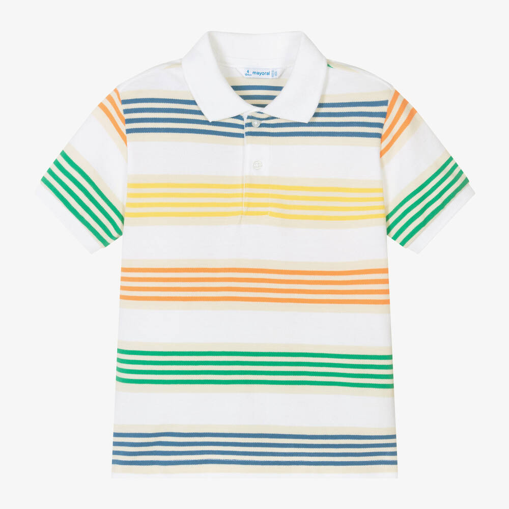 Mayoral - Boys White Striped Cotton Polo Shirt | Childrensalon