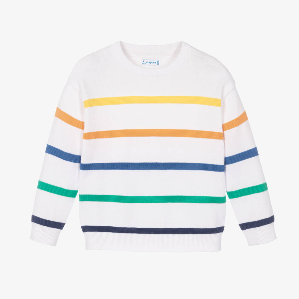 Mayoral - Boys White Striped Cotton Sweater | Childrensalon