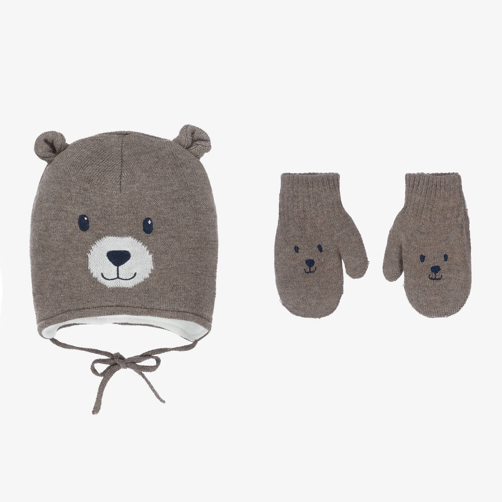 Mayoral - Brown Cotton Bear Hat & Mittens Set | Childrensalon