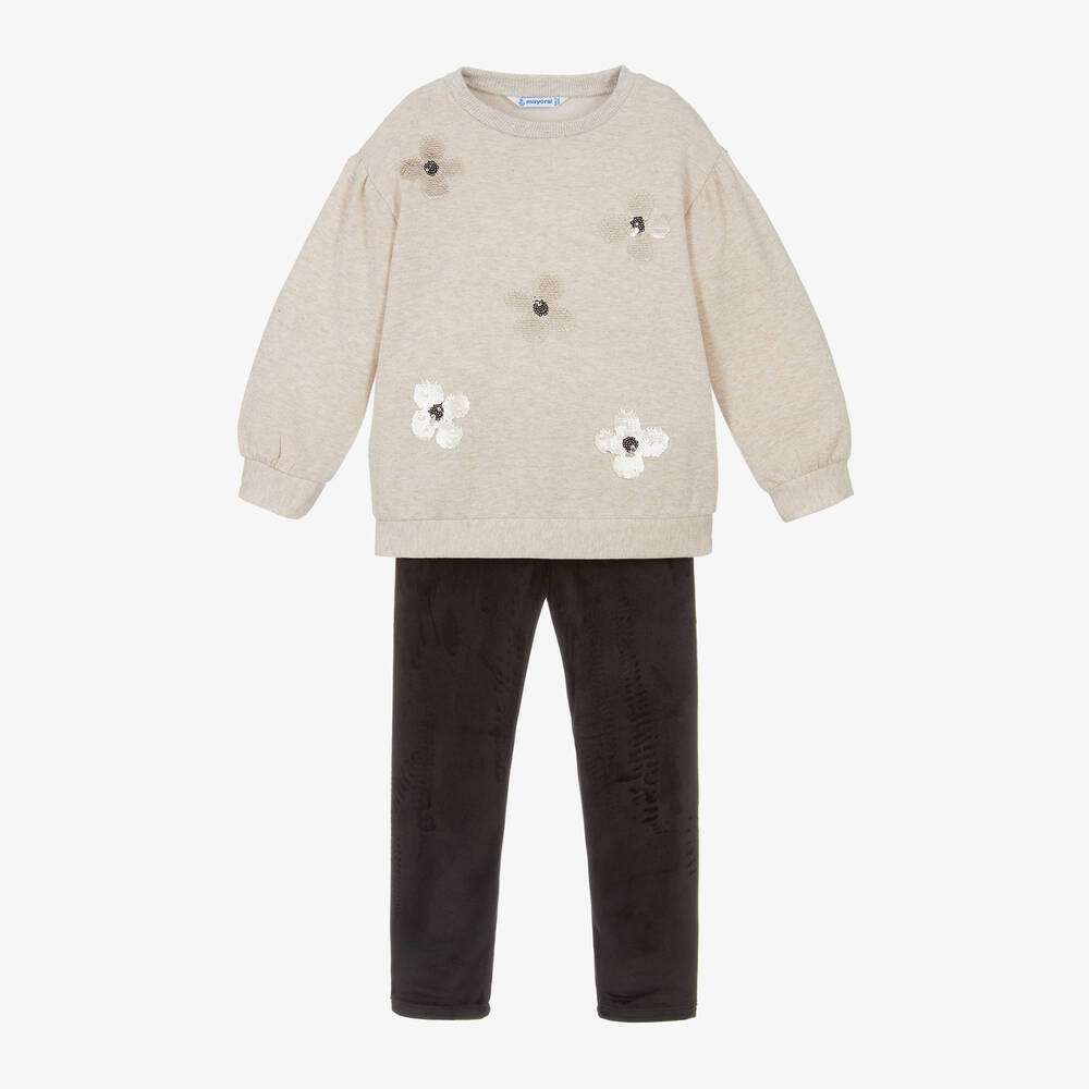 Mayoral - Girls Beige & Black Velour Leggings Set | Childrensalon