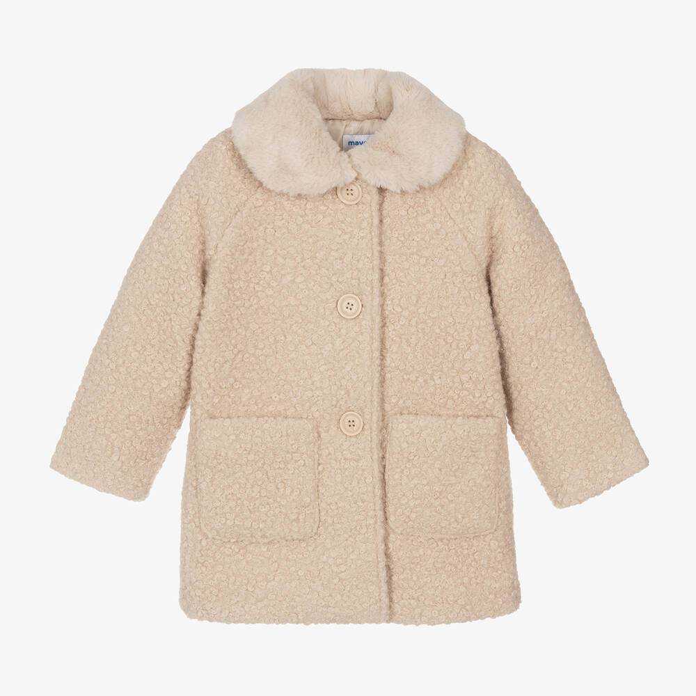 Mayoral - Girls Beige Bouclé & Faux Fur Collar Coat | Childrensalon