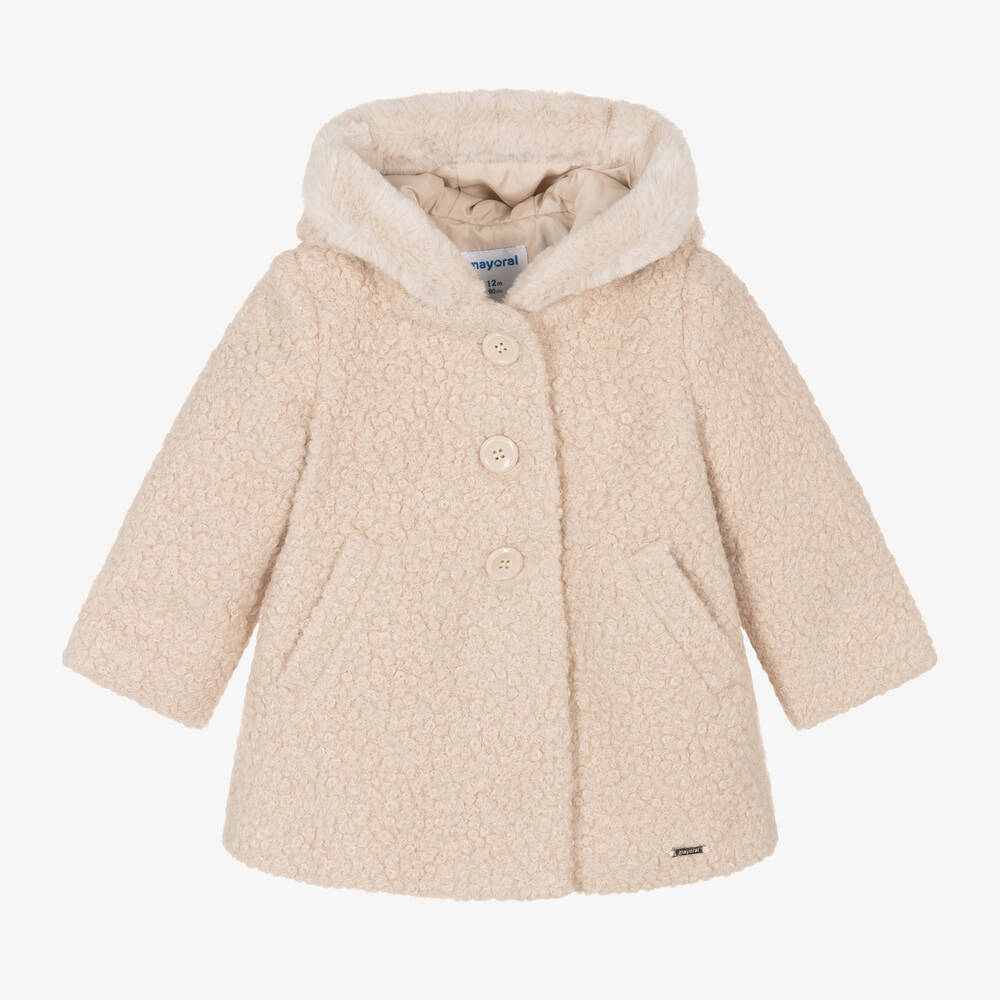 Mayoral - Girls Beige Bouclé Hooded Coat | Childrensalon