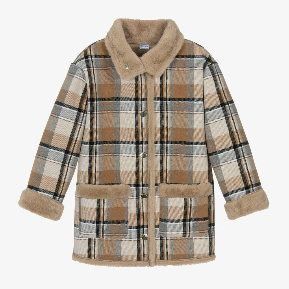 Mayoral - Girls Beige Checked Coat | Childrensalon