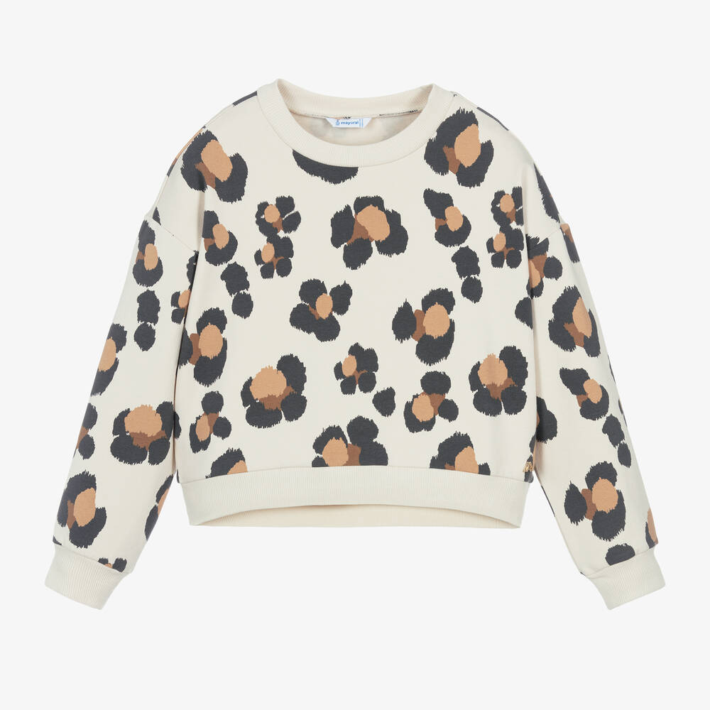 Mayoral - Girls Beige Cotton Leopard Print Sweatshirt | Childrensalon