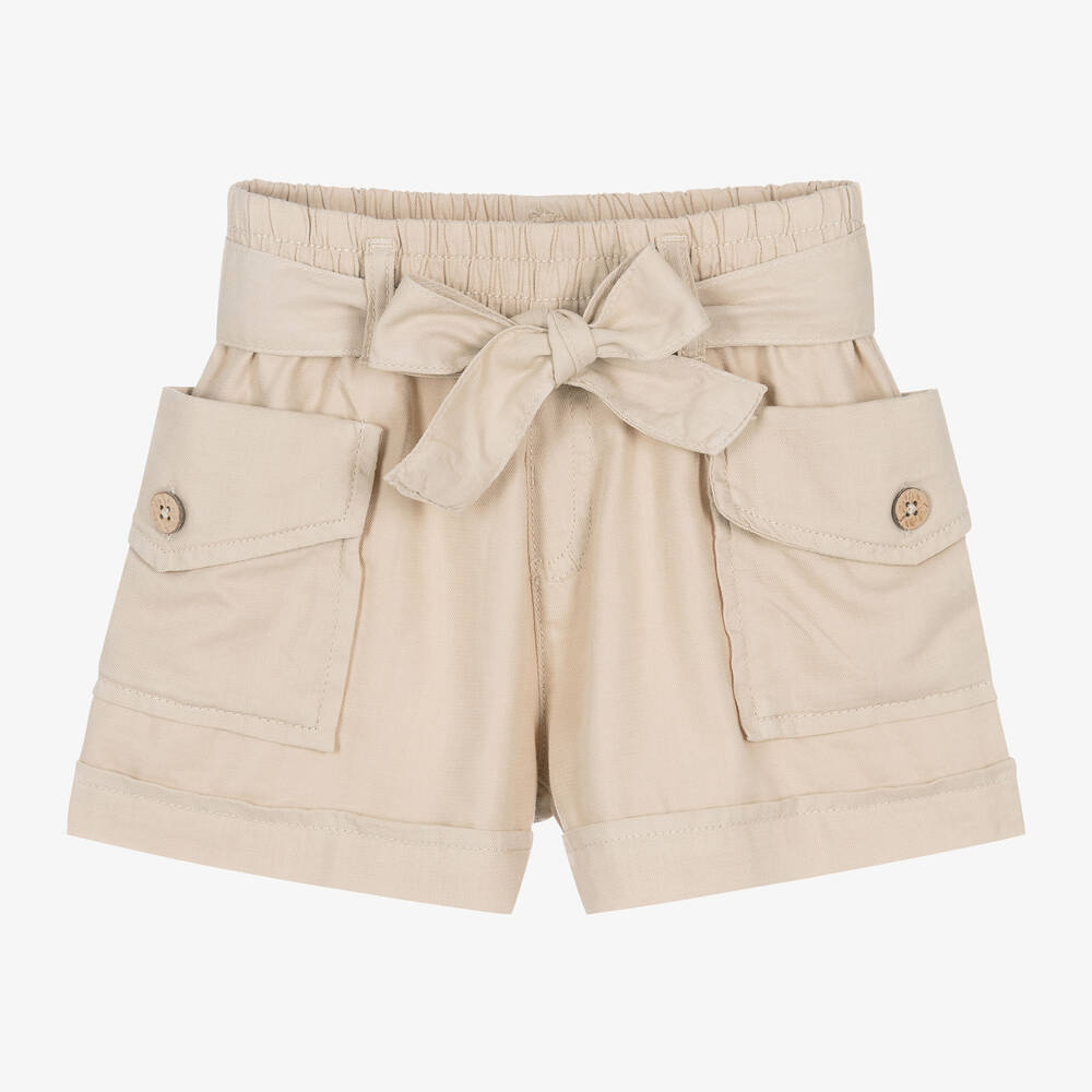 Mayoral - Girls Beige Cotton & Lyocell Cargo Shorts | Childrensalon