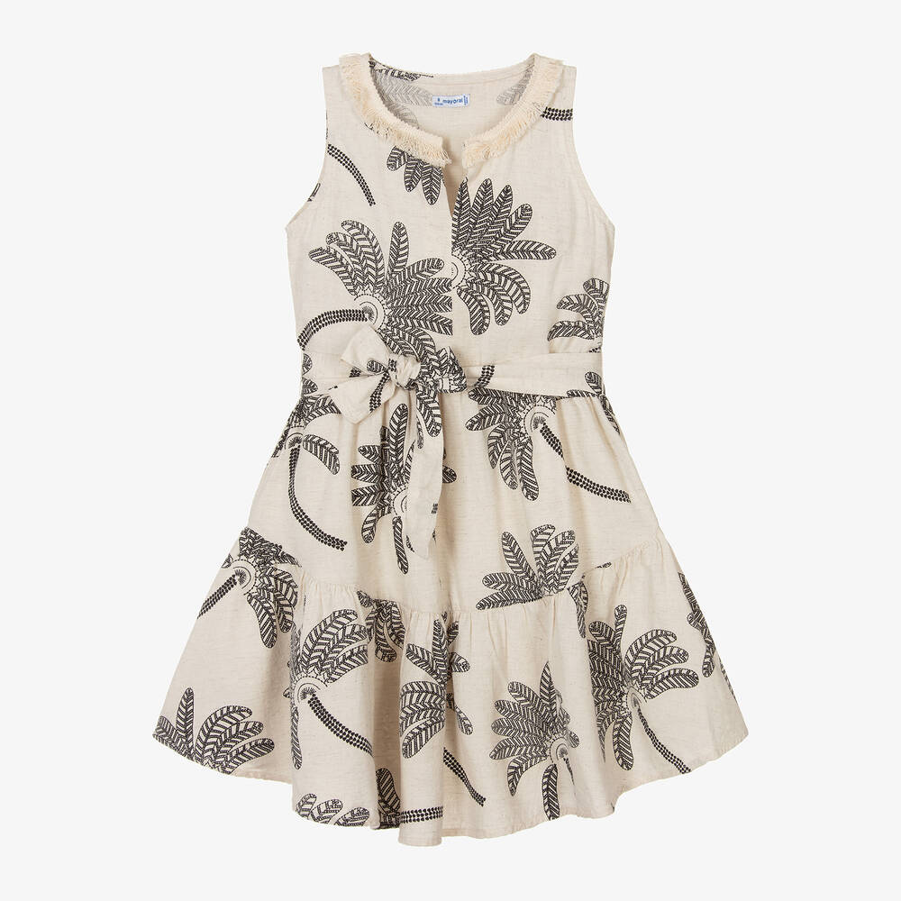Mayoral - Girls Beige Cotton Palm Tree Print Dress | Childrensalon
