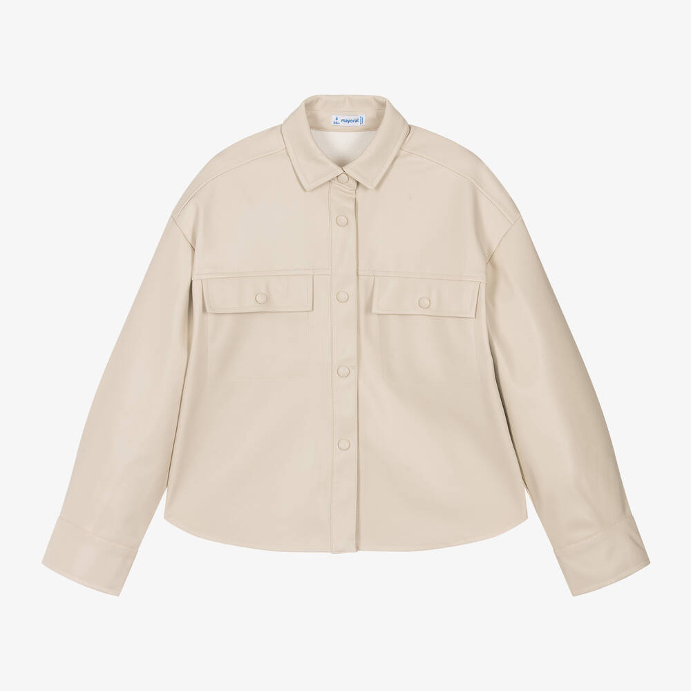 Mayoral - Girls Beige Faux Leather Overshirt | Childrensalon