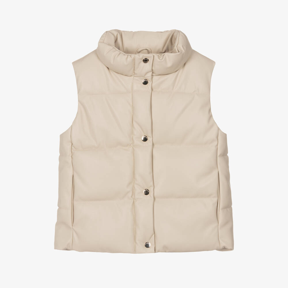 Mayoral - Girls Beige Faux Leather Puffer Gilet | Childrensalon