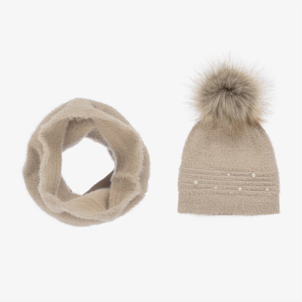 Mayoral - Girls Beige Faux Pearl Hat & Snood Set | Childrensalon