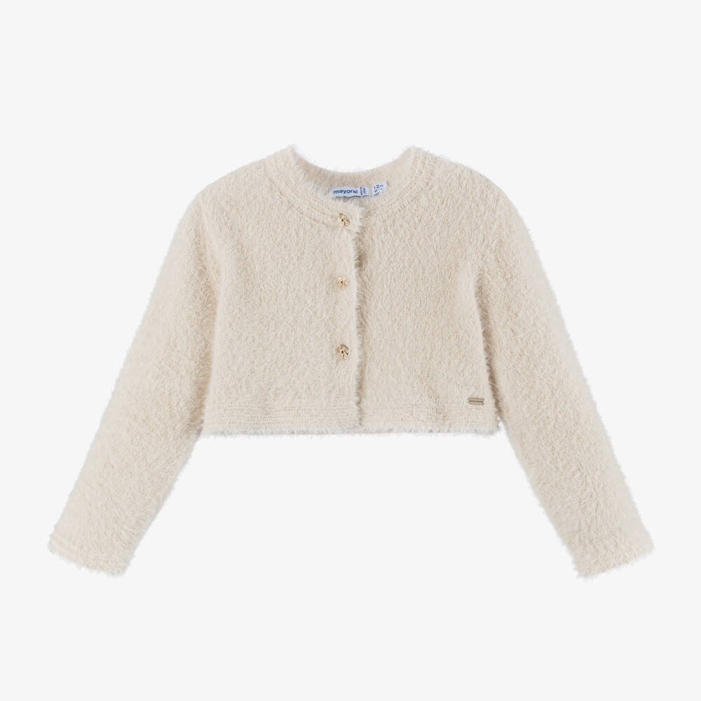 Mayoral - Girls Beige Fluffy Knit Bolero Cardigan | Childrensalon