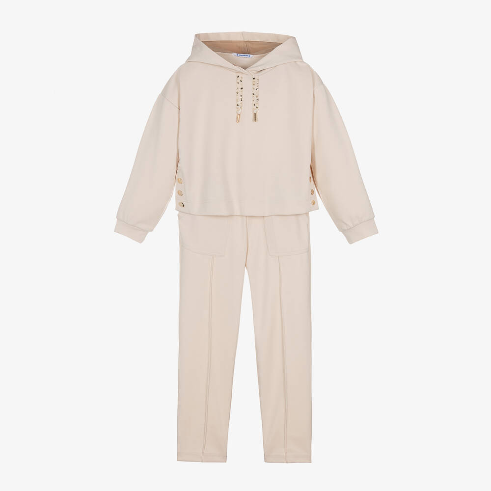 Mayoral - Girls Beige Hooded Tracksuit | Childrensalon