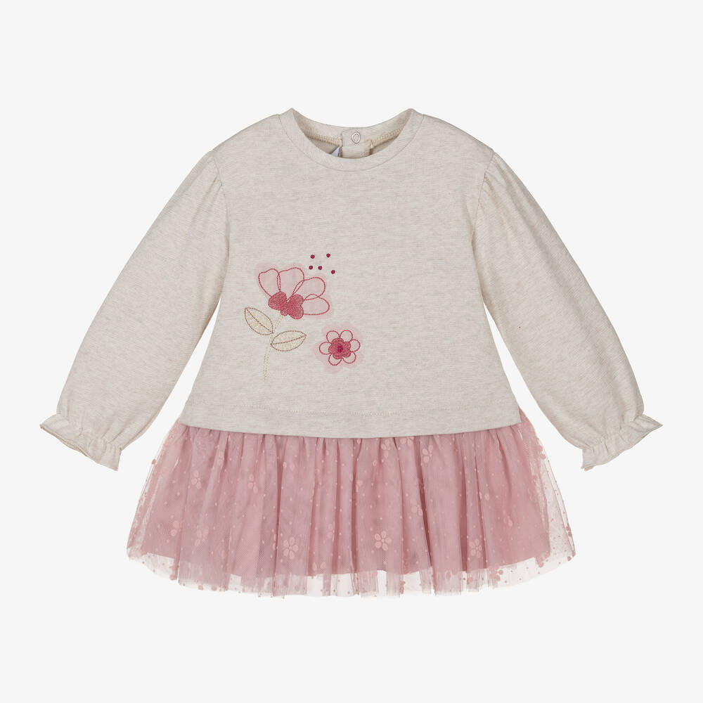 Mayoral - Girls Beige Jersey & Tulle Dress | Childrensalon