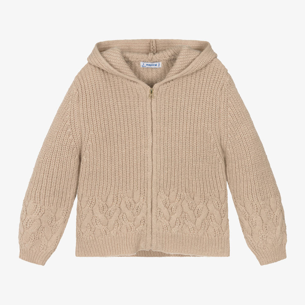 Mayoral - Girls Beige Knit Zip-Up Hoodie | Childrensalon