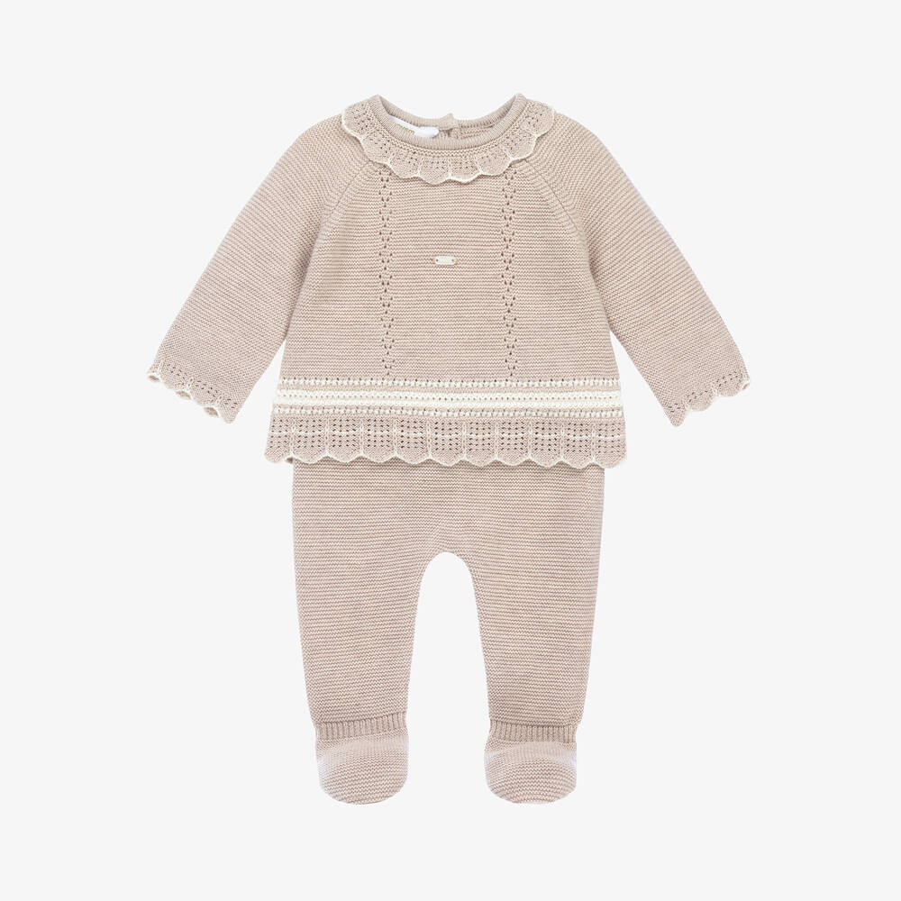 Mayoral Newborn - Girls Beige Knitted 2 Piece Babygrow | Childrensalon