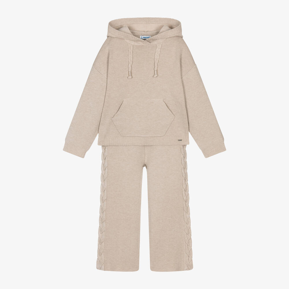 Mayoral - Girls Beige Knitted Trouser Set | Childrensalon