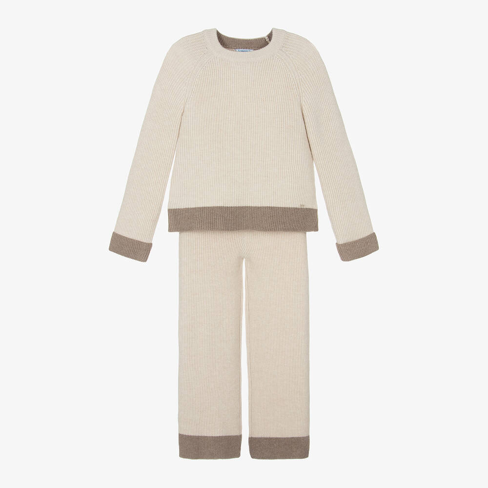 Mayoral - Girls Beige Knitted Trouser Set | Childrensalon