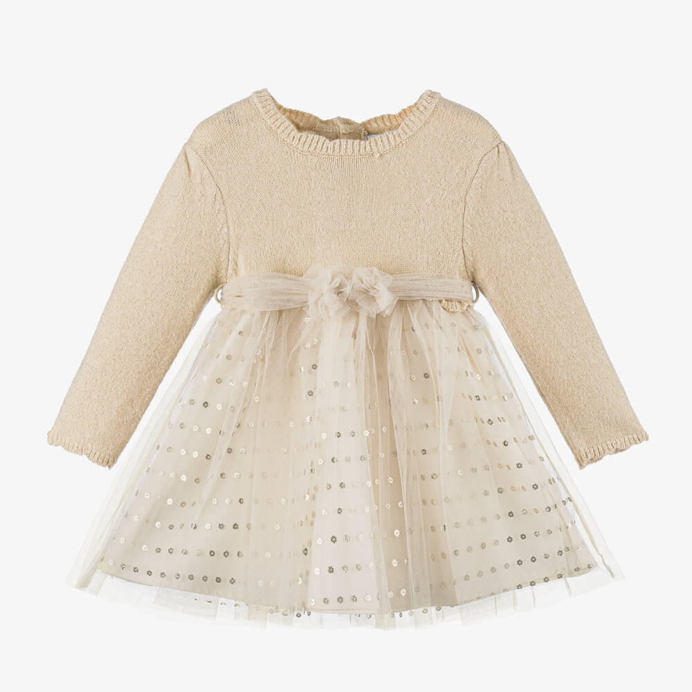 Mayoral - Girls Beige Lurex Knit & Tulle Dress | Childrensalon