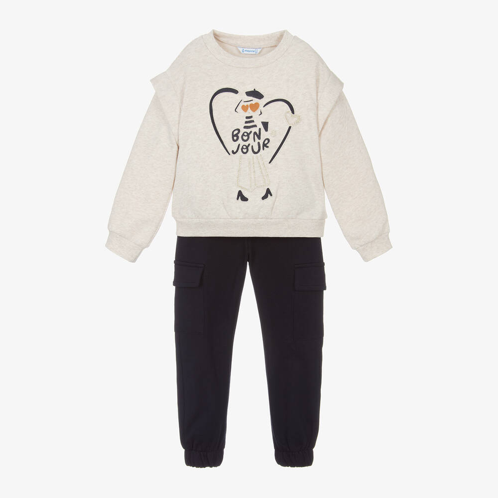 Mayoral - Girls Beige & Navy Blue Cotton Tracksuit | Childrensalon