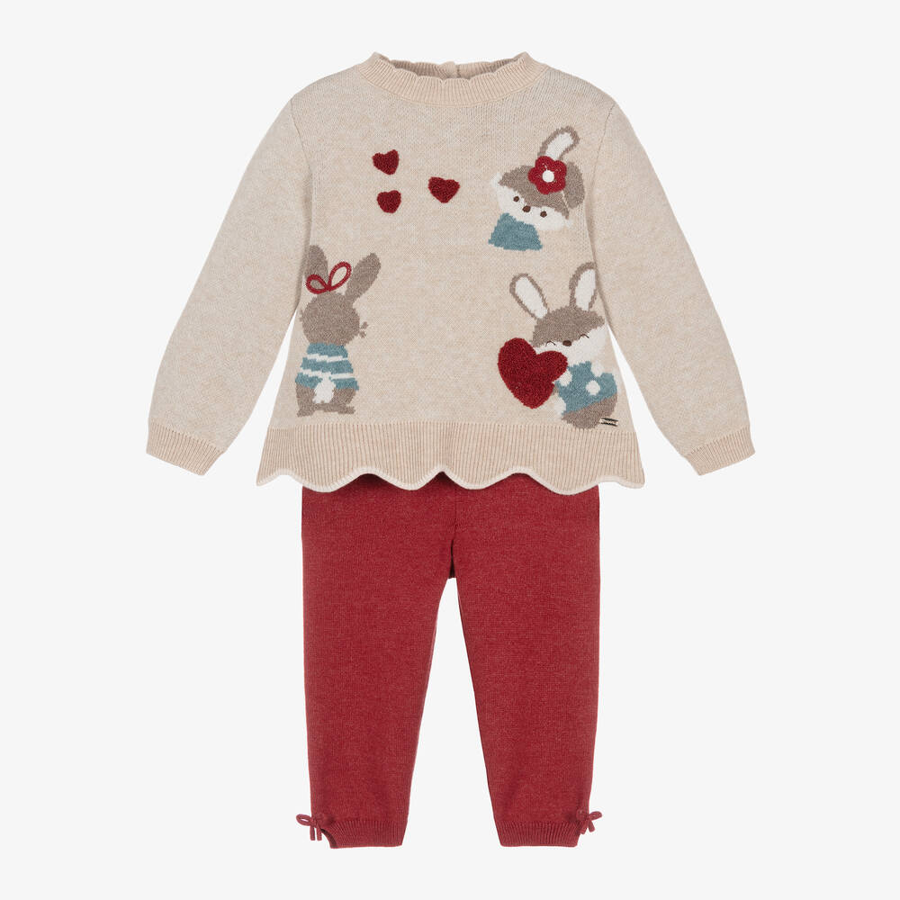 Mayoral - Girls Beige & Red Knitted Leggings Set | Childrensalon