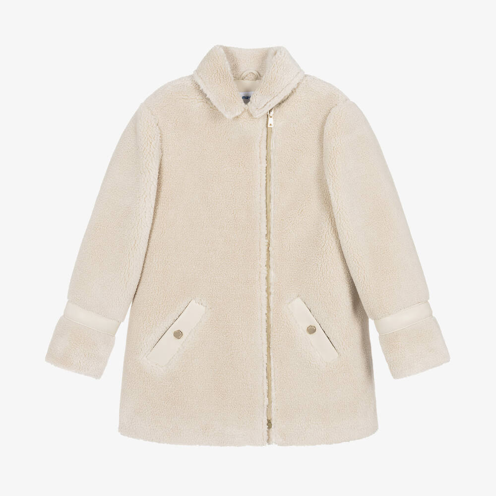 Mayoral - Girls Beige Teddy Fleece Coat | Childrensalon