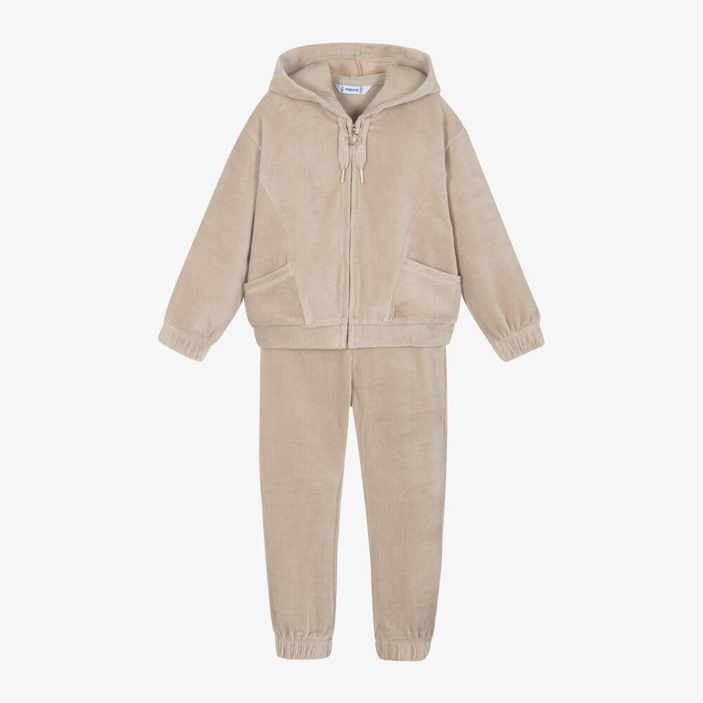 Mayoral - Girls Beige Velour Tracksuit | Childrensalon